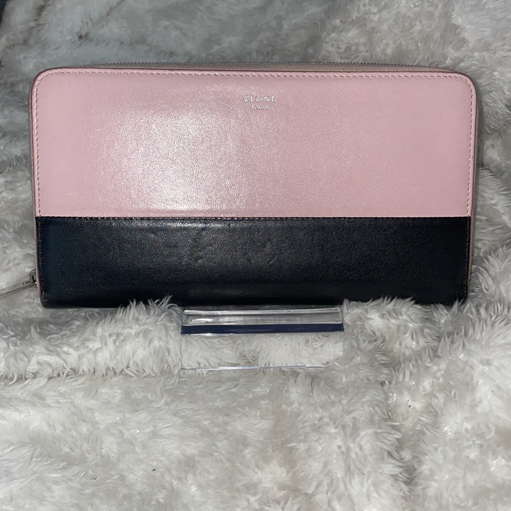 Celine bubble gum pink and black lambskin colorblock zip around wallet